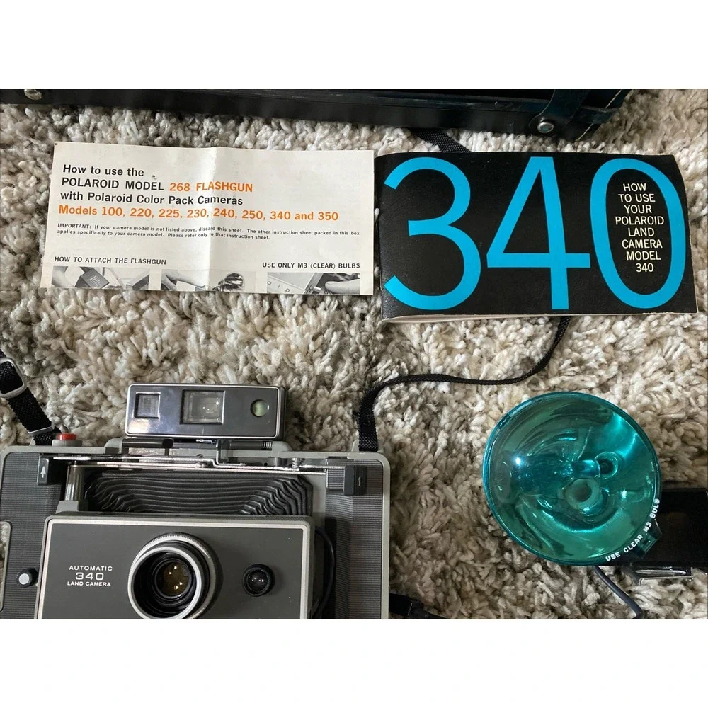Vintage Polaroid Land Camera Model 340‎ Complete W/ Case, Flash, Manual Untested